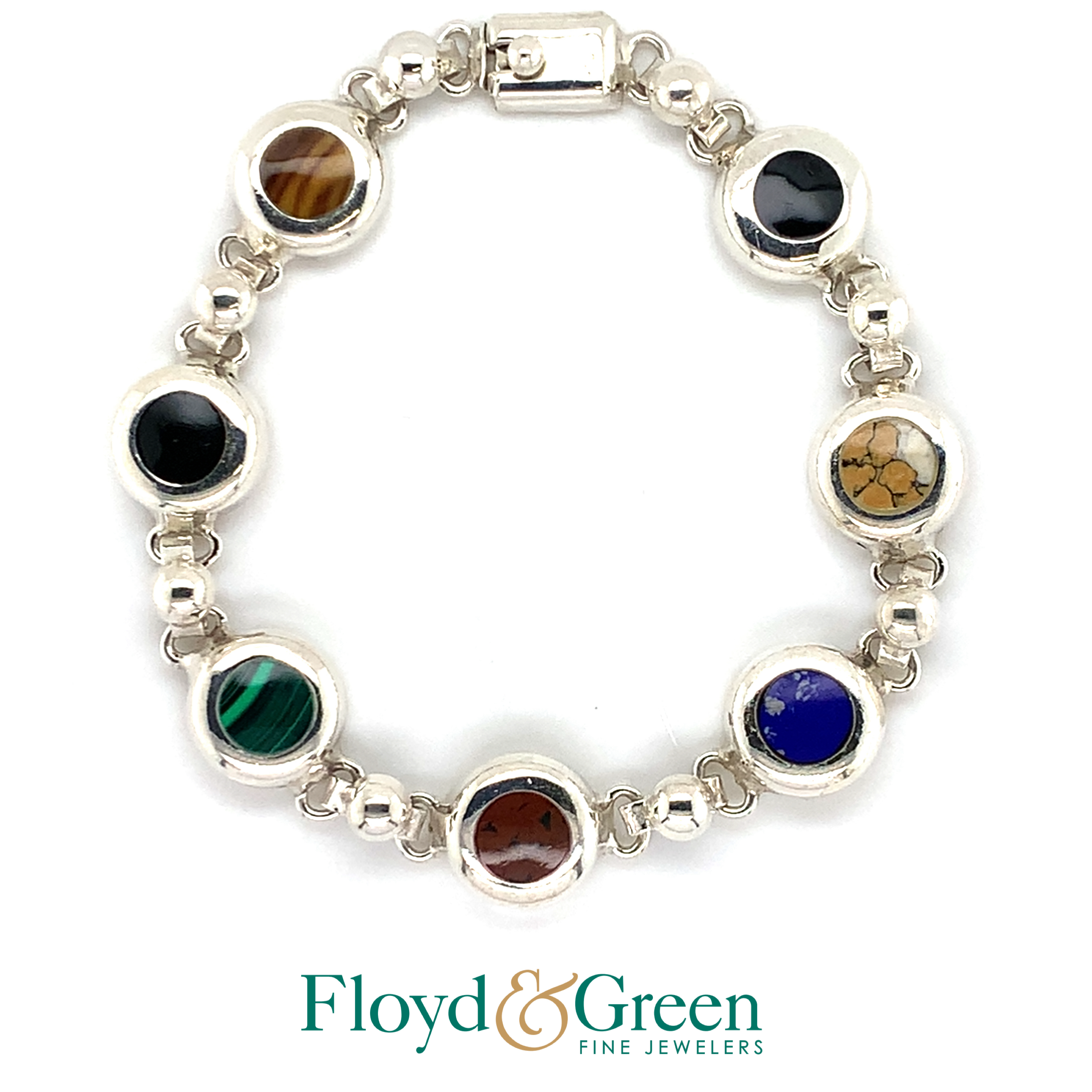 Sterling Silver Bracelet with Multi-color Glass Stones, 7.5 inch, 24.5g