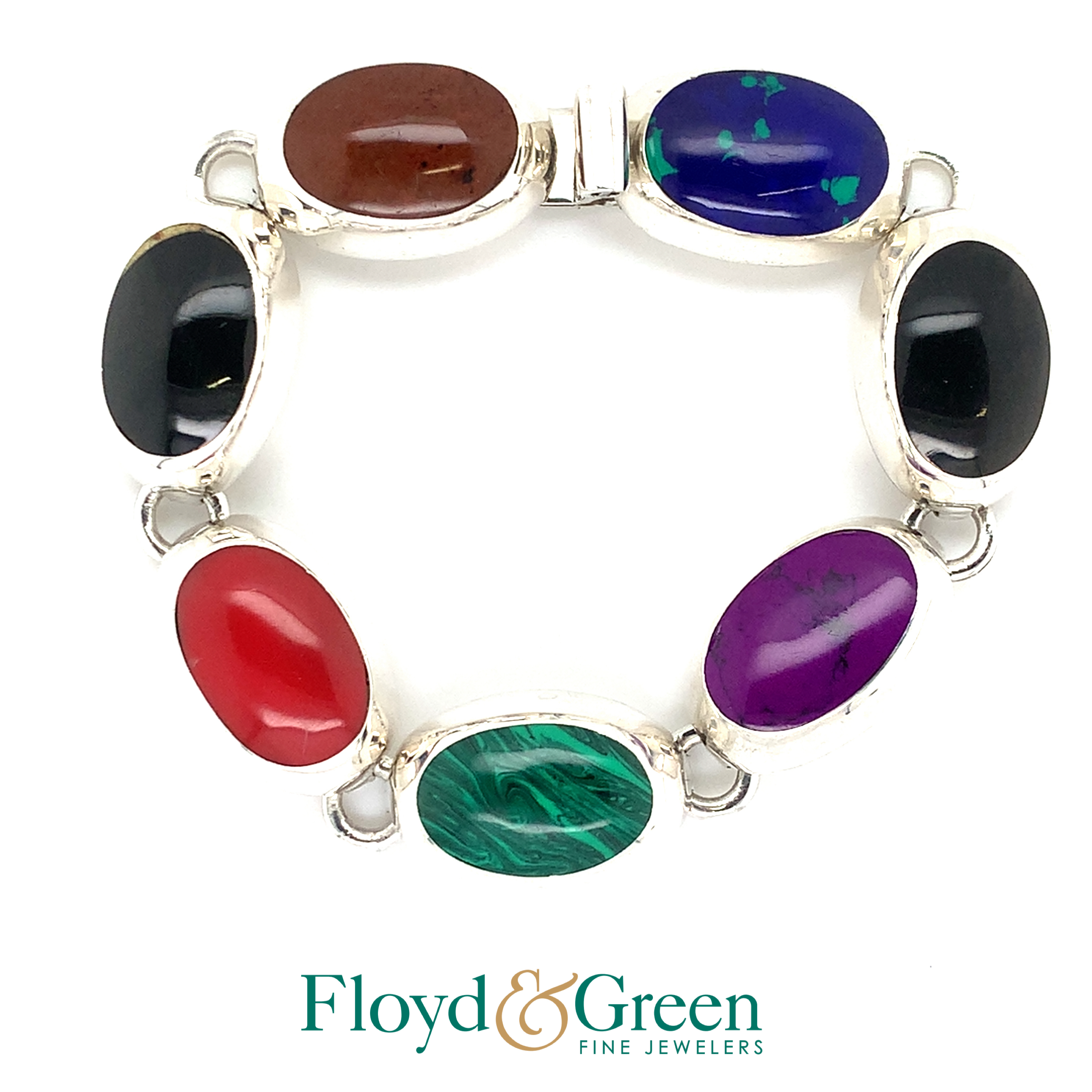 Sterling Silver Bracelet with 7 Multi-color Glass Stones, 7 inch, 45.5g