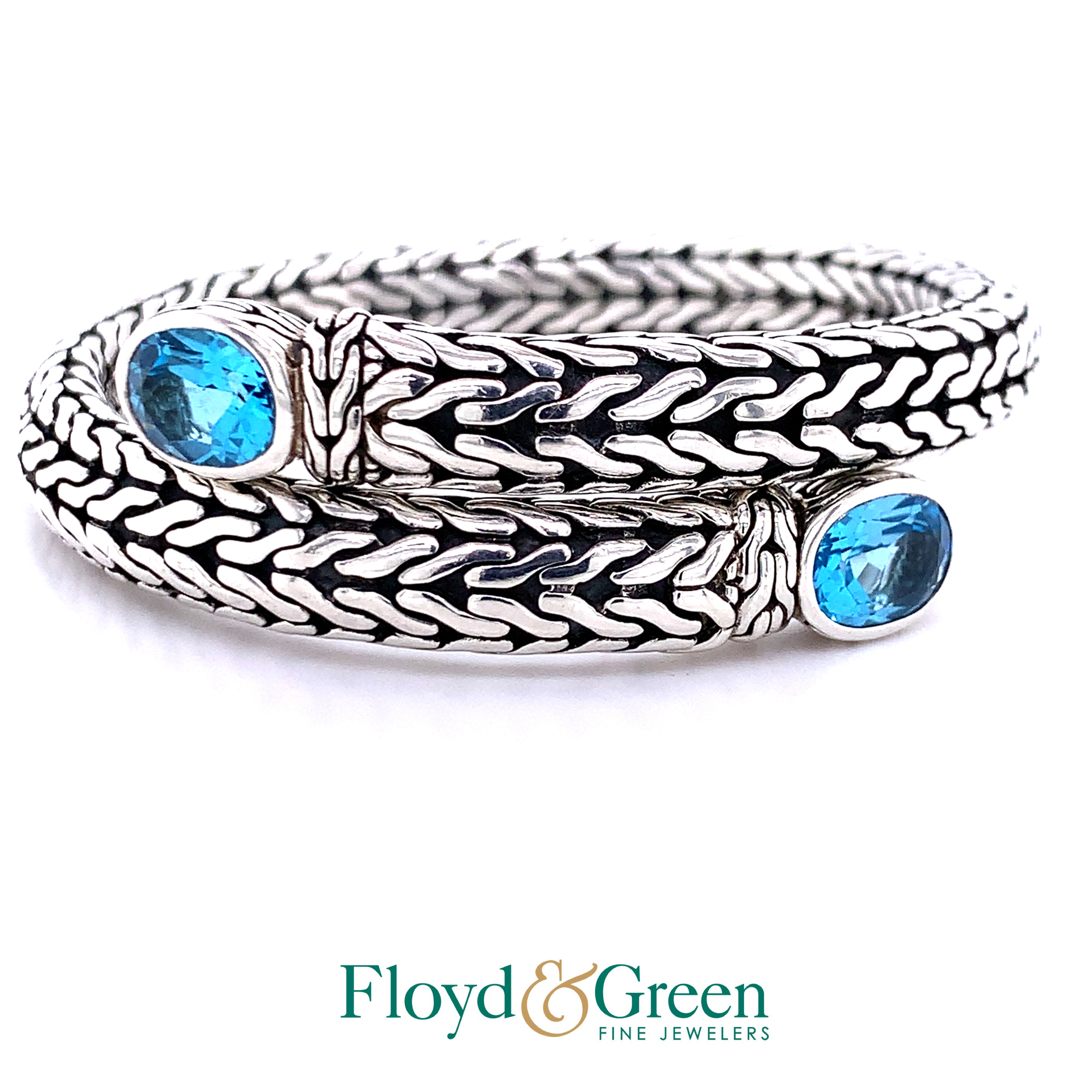 John Hardy Sterlring Silver Coil Flexible Bypass Bracelet with Blue Topaz