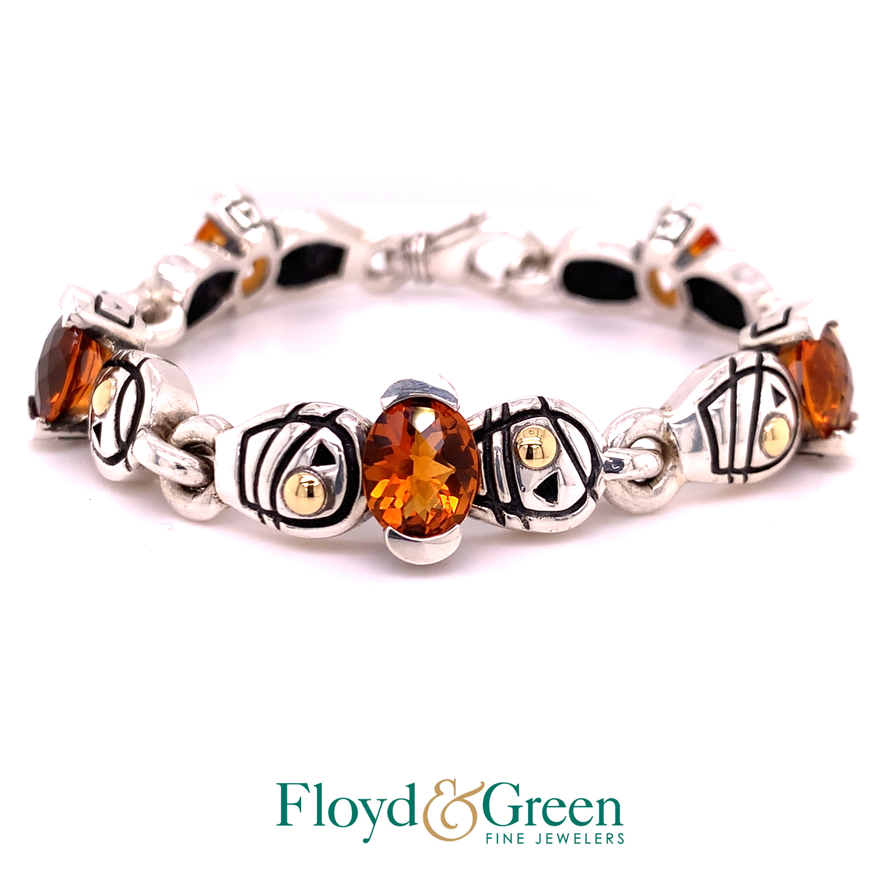 John Atencio Sterling Silver and 14KY Bracelet with 5 Oval Citrines, 7.5 inch, 45.3g