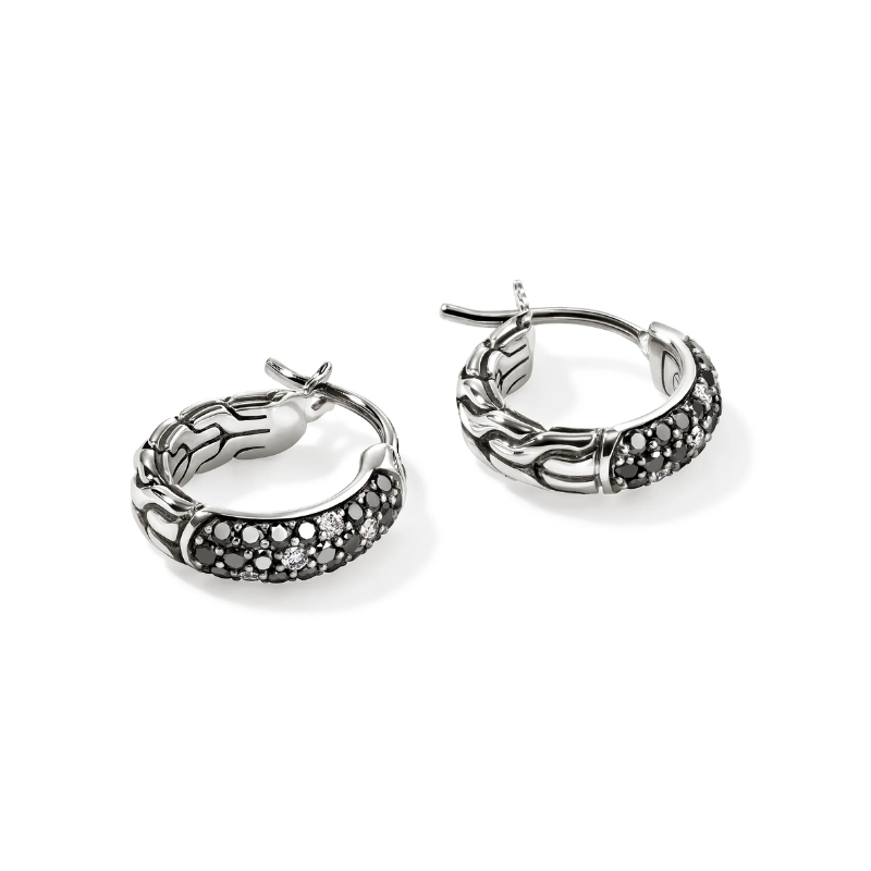 SS JH Essentials White Diamond .06ctw & Treated Black Diamond Pavé .33ctw Hoop Earrings 9MM