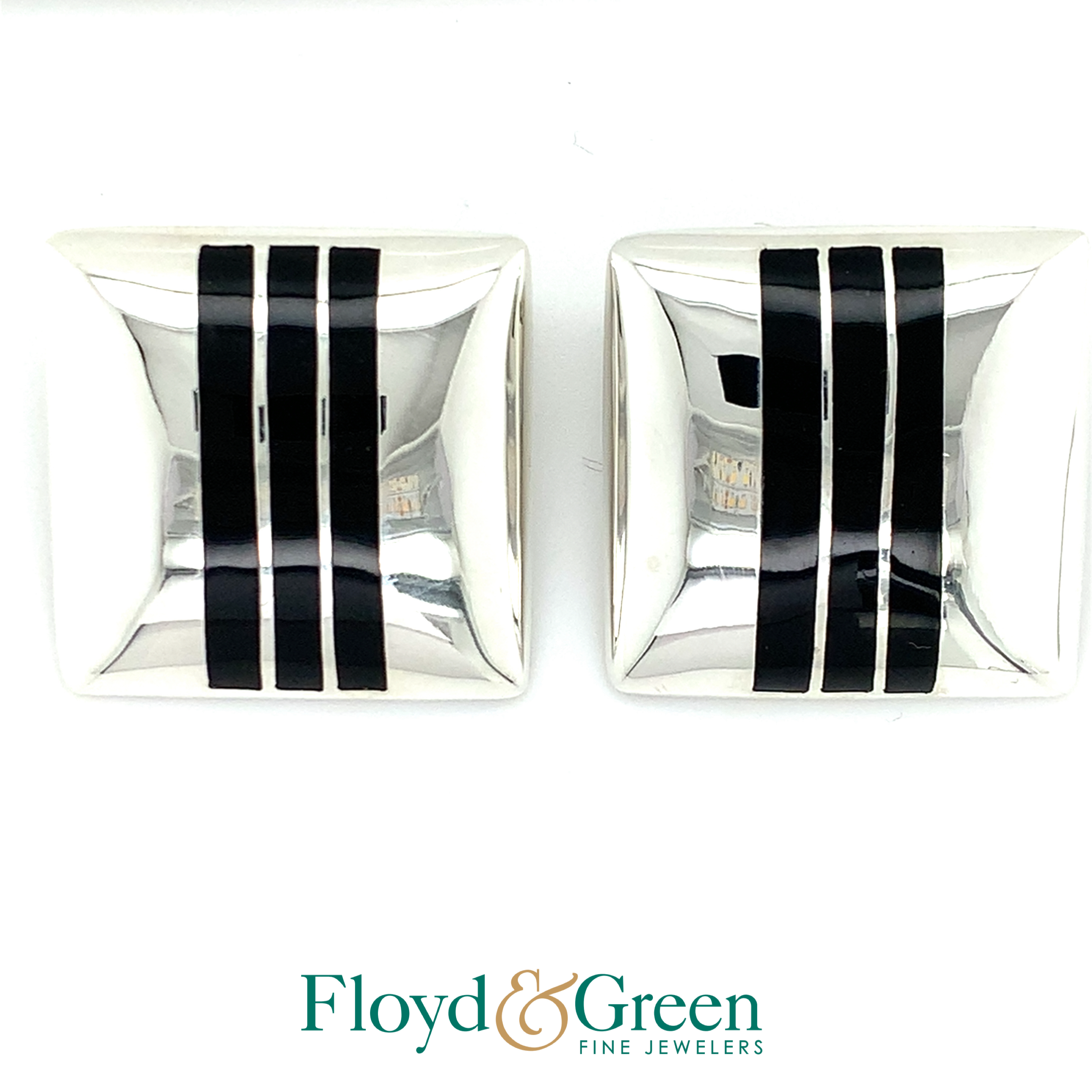 Sterling Silver Square Earrings with Black Onyx Stripes, 24.2g