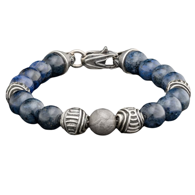 Celestial Blue Dumortierite with Meteorite and Silver Embellished Beads Bracelet