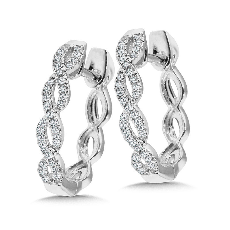 14K WHITE GOLD TWIST HOOP DIAMOND EARRINGS WITH 70=0.25TW SINGLE CUT H-I I1 DIAMONDS  (2.54 GRAMS)