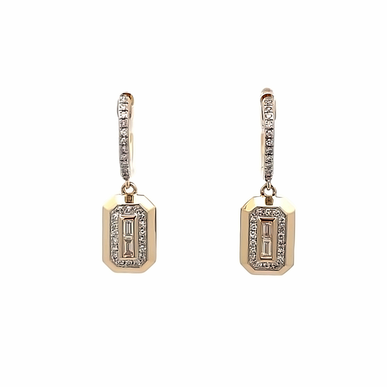 SHY CREATION 14K YELLOW GOLD DANGLE DIAMOND EARRINGS WITH 64=0.26TW VARIOUS SHAPES (4 BAGUETTES & 60 SINGLE CUTS) H-I SI2-I1 DIAMONDS   (2.84 GRAMS)