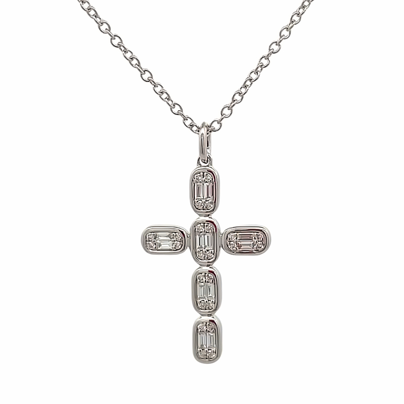 SHY CREATION 14K WHITE GOLD CROSS DIAMOND PENDANT WITH 36=0.30TW VARIOUS SHAPES (24 ROUNDS & 12 BAGUETTES) G-H SI1-SI2 DIAMONDS 18
