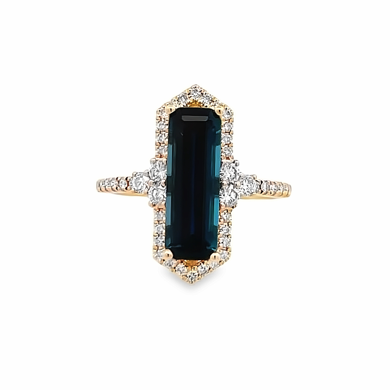 14K YELLOW GOLD HALO RING SIZE 7 WITH ONE 3.41CT EMERALD BLUE TOPAZ AND 44=0.46TW ROUND H-I SI2 DIAMONDS   (4.16 GRAMS)