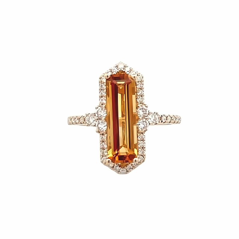 14K YELLOW GOLD HALO RING SIZE 7 WITH ONE 2.35CT EMERALD CITRINE AND 44=0.48TW ROUND H-I SI2 DIAMONDS   (3.94 GRAMS)