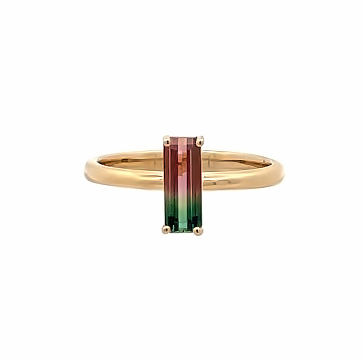 14K YELLOW GOLD SOLITAIRE RING SIZE 7 WITH ONE 0.88CT EMERALD BI-COLOR TOURMALINE   (2.57 GRAMS)