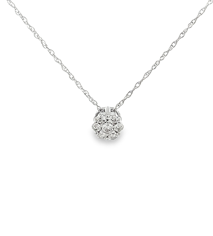 14 KARAT WHITE GOLD CLUSTER DIAMOND PENDANT WITH 7=0.14TW ROUND H-I COLOR SI1 CLARITY DIAMONDS