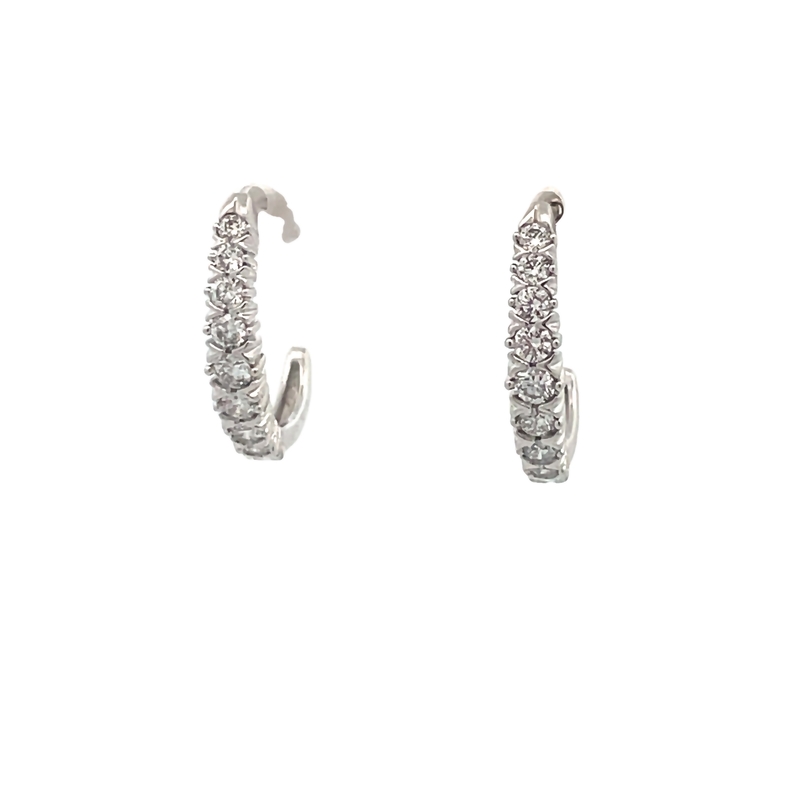 14 KARAT WHITE GOLD J HOOP DIAMOND EARRINGS WITH 18=0.48TW ROUND H-I I1-I2 DIAMONDS   (2.52 GRAMS)