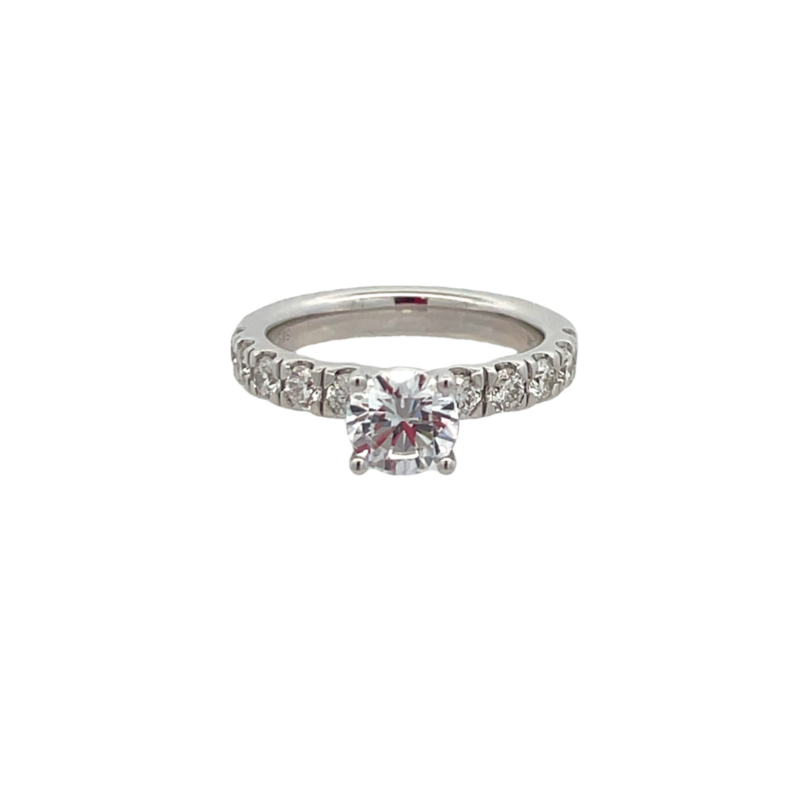 14K WHITE GOLD PRONG SET SEMI-MOUNT RING SIZE 6.5 WITH 10=0.90TW ROUND G-H SI2 DIAMONDS   (5.75 GRAMS)