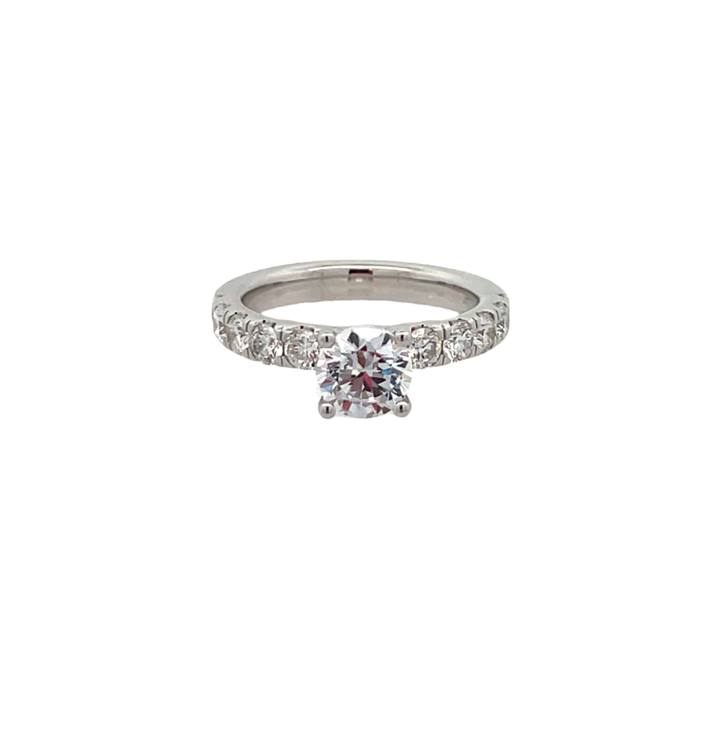 14K WHITE GOLD PRONG SET SEMI-MOUNT RING SIZE 6.5 WITH 10=0.75TW ROUND G-H SI2 DIAMONDS   (5.47 GRAMS)