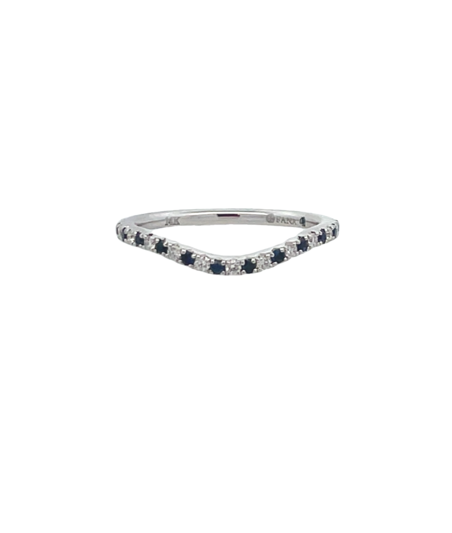 14K WHITE GOLD CURVED PAVE DIAMOND ANNIVERSARY RING SIZE 6.5 WITH 13 = 0.15TW ROUND BLUE SAPPHIRES AND 11 = 0.11TW ROUND F-G VS2-SI1 DIAMONDS  (1.88 GRAMS)