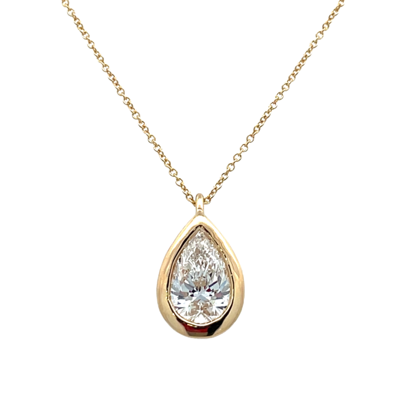 14K YELLOW GOLD BEZEL LAB GROWN DIAMOND PENDANT WITH ONE = 2.08CT PEAR E VVS2 LAB GROWN DIAMOND 18