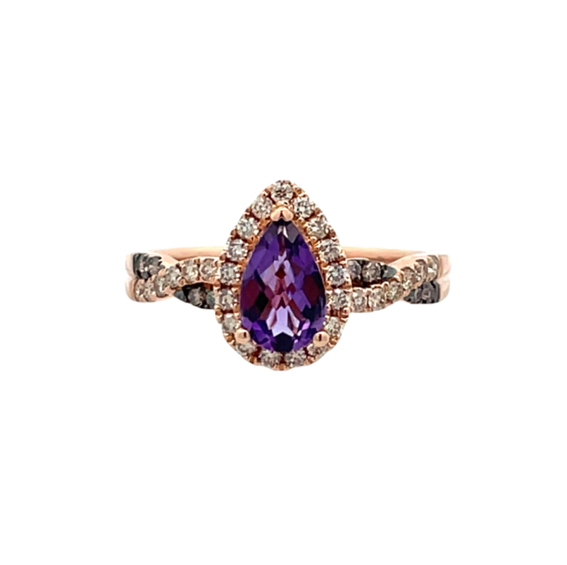 LE VIAN 14K STRAWBERRY GOLD HALO RING SIZE 7 ONE = 0.75CT PEAR GRAPE AMETHYST  29 = 0.27TW ROUND VS2-SI1 NUDE DIAMONDS  AND 8 = 0.07TW ROUND CHOCOLATE SI1 DIAMONDS  (3.26 GRAMS)