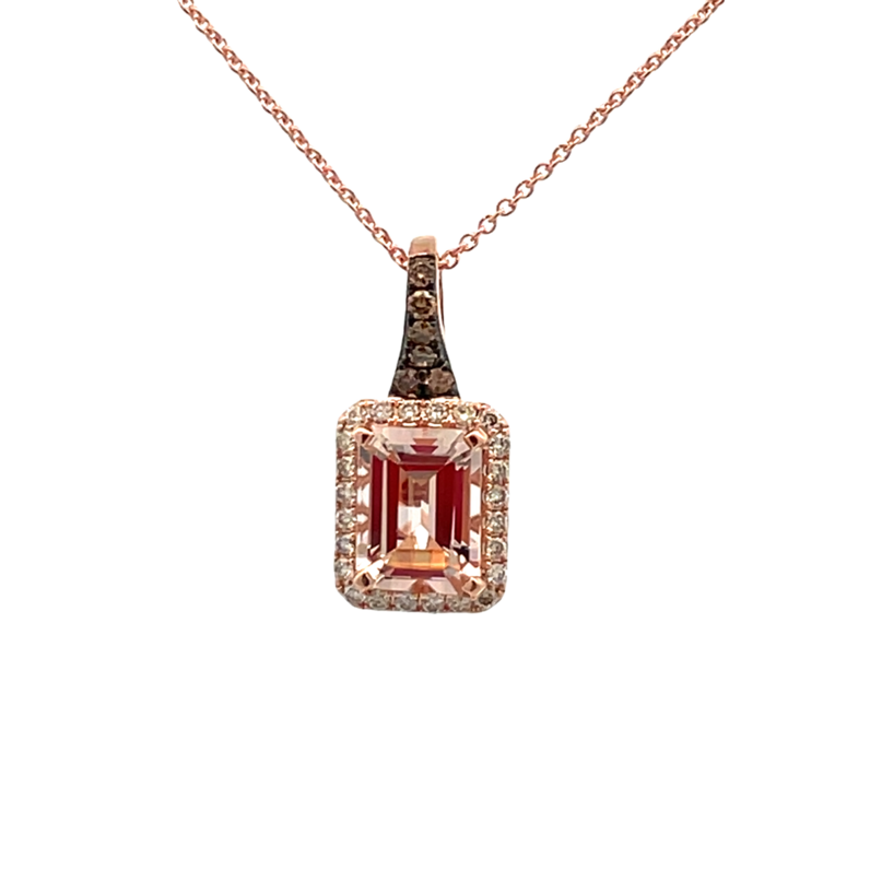 LE VIAN 14K STRAWBERRY GOLD HALO PENDANT ONE = 1.15CT EMERALD PEACH MORGANITE  24 = 0.15TW ROUND VS2-SI1 NUDE DIAMONDS  AND 6 = 0.05TW ROUND SI1 DIAMONDS 20