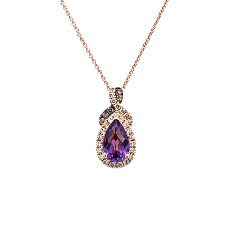 LE VIAN 14K STRAWBERRY GOLD HALO PENDANT ONE = 0.75CT PEAR GRAPE AMETHYST  26 = 0.18TW ROUND VS2-SI1 NUDE DIAMONDS  AND 5 = 0.06TW ROUND CHOCOLATE SI1 DIAMONDS 20