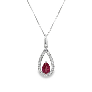 14K WHITE GOLD HALO PENDANT WITH ONE 0.75CT PEAR RUBY AND 28=0.20TW ROUND G-H SI1 DIAMONDS   (1.66 GRAMS)