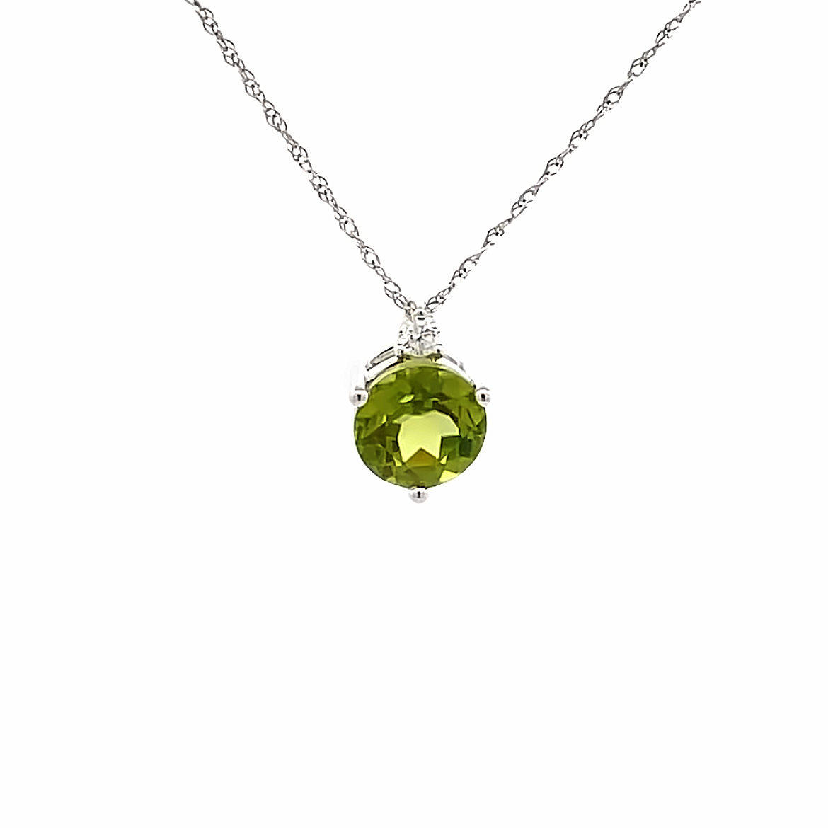 14K WHITE GOLD PENDANT WITH ONE 1.68CT ROUND PERIDOT AND ONE 0.05CT ROUND H SI1-SI2 DIAMOND   (1.59 GRAMS)