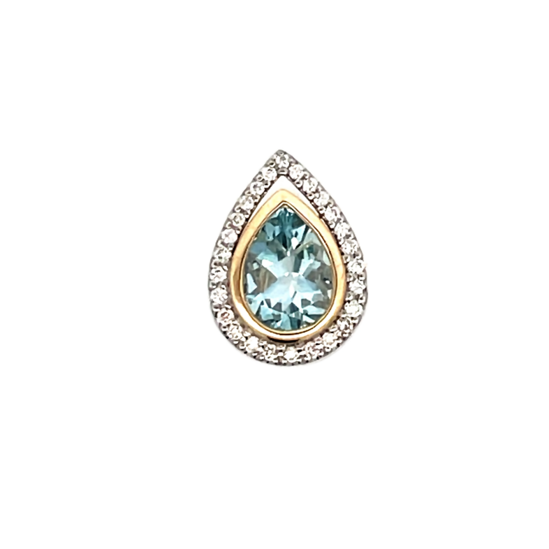 14K YELLOW & WHITE GOLD HALO PENDANT WITH ONE 0.83CT PEAR AQUAMARINE AND 26=0.12TW ROUND H SI1-SI2 DIAMONDS 18