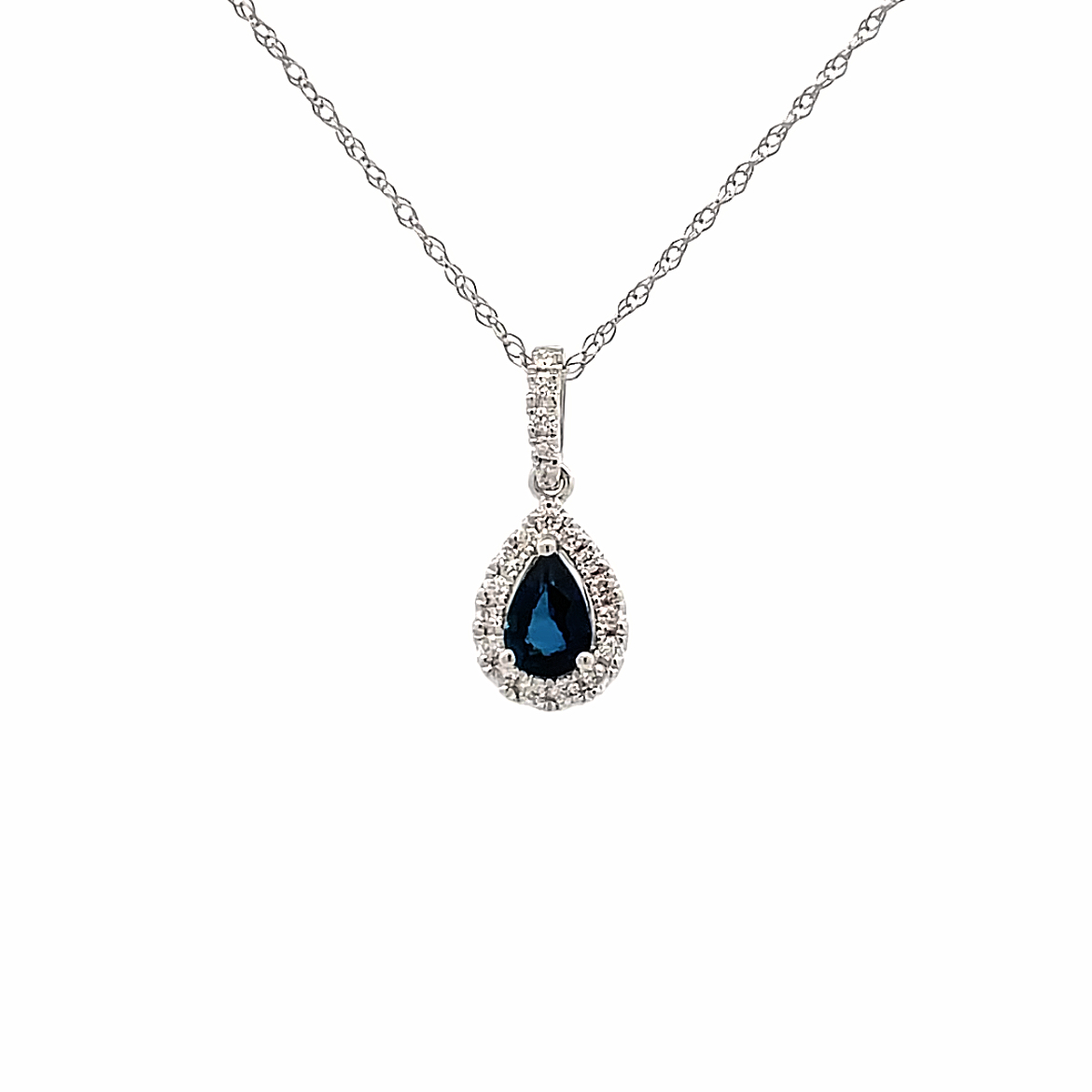 14K WHITE GOLD HALO PENDANT WITH ONE 0.45CT PEAR BLUE SAPPHIRE AND 20=0.13TW ROUND H SI1-SI2 DIAMONDS 18