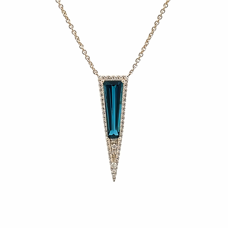 14K YELLOW GOLD NECKLACE WITH ONE 2.53CT TAPERED BAGUETTE LONDON BLUE TOPAZ AND 48=0.25TW ROUND H-I SI2 DIAMONDS 18