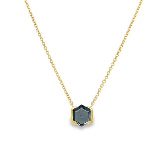 14K YELLOW GOLD SOLITAIRE NECKLACE WITH ONE 0.91CT HEXAGON SHAPE MONTANA SAPPHIRE ON 18