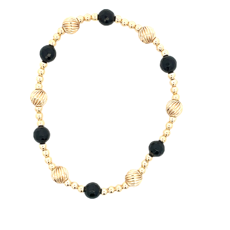 6MM FACETED BLACK AGATE BEADS  6MM TWISTED GOLD FILLED BEADS  AND 3MM GOLD FILLED BEADS 7