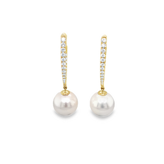 14K YELLOW GOLD DANGLE DROP EARRING WITH 2 = 11.00-12.00MM FRESH WATER PEARLS AND 54 = 0.70TW ROUND H-I SI2-I1 DIAMONDS