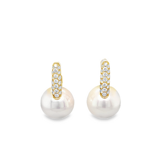 18K YELLOW GOLD DROP EARRING WITH 2 = 12.00-13.00MM FRESH WATER PEARLS AND 38 = 0.61TW ROUND H-I SI2-I1 DIAMONDS