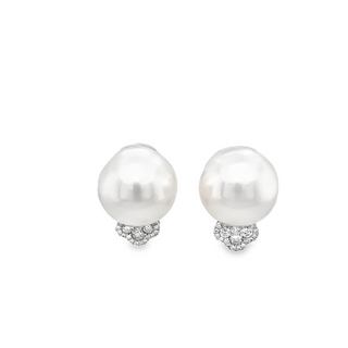 18K WHITE GOLD STUD EARRING WITH 2 = 13.00-14.00MM SOUTH SEA PEARLS AND 36 = 0.30TW ROUND H-I SI2-I1 DIAMONDS