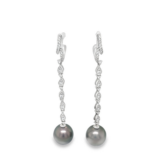 18K WHITE GOLD DANGLE EARRING WITH 2 = 11.00-12.00MM TAHITIAN PEARLS AND 68 = 0.58TW ROUND H-I SI2-I1 DIAMONDS