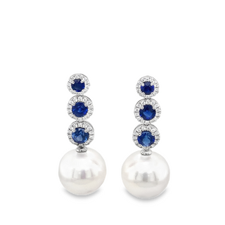 18K WHITE GOLD DANGLE EARRING 6 = 1.78TW ROUND SAPPHIRES  2 = 11.00-12.00MM FRESH WATER PEARLS AND 84 = 0.36TW ROUND H-I SI2-I1 DIAMONDS