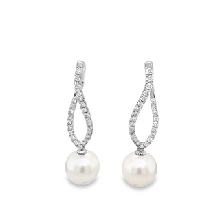 18K WHITE GOLD TWIST EARRING WITH 2 = 10.00-11.00MM FRESH WATER PEARLS AND 50 = 0.70TW ROUND H-I SI1-SI2 DIAMONDS