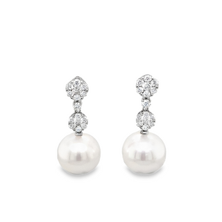 18K WHITE GOLD DANGLE EARRING WITH 2 = 11.00-12.00MM FRESH WATER PEARLS AND 30 = 0.87TW ROUND H-I SI2-I1 DIAMONDS