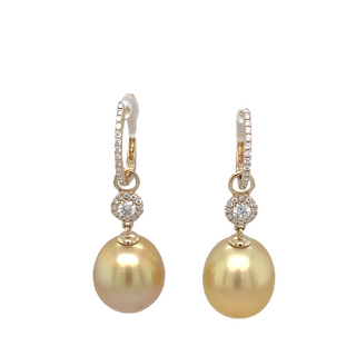 14K YELLOW GOLD HOOP DANGLE EARRINGS WITH 2 = 11.00-12.00MM SOUTH SEA PEARLS AND 52 = 0.36TW ROUND H-I SI2-I1 DIAMONDS