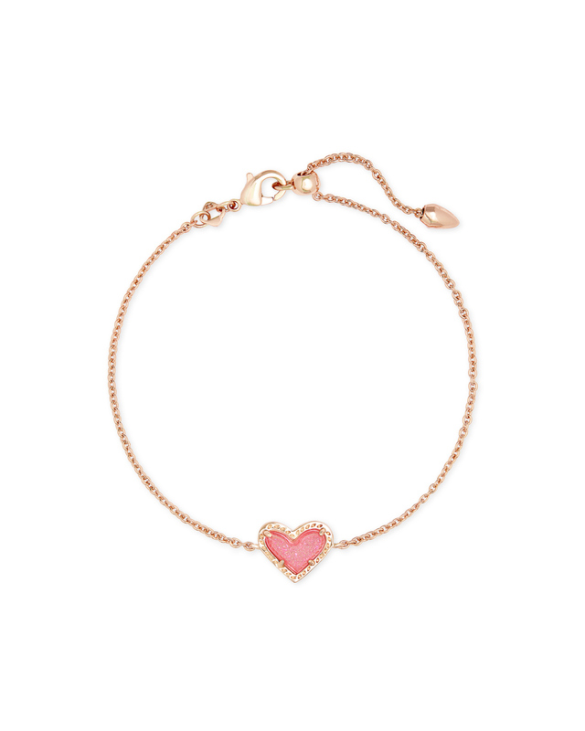 KENDRA SCOTT ROSE GOLD PLATED ARI HEART ADJUSTABLE BRACELET WITH LIGHT PINK DRUSY