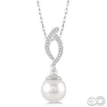 10 KARAT WHITE GOLD DROP PENDANT WITH ONE 7.00MM ROUND PEARL AND 22=0.06TW SINGLE CUT I-J COLOR I1-2 CLARITY DIAMONDS 18
