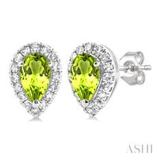 10K WHITE GOLD HALO STUD EARRINGS WITH 2 = 5.00X3.00MM PEAR PERIDOTS AND 32 = 0.14TW SINGLE CUT I-J I1-I2 DIAMONDS