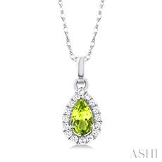 10K WHITE GOLD HALO PENDANT WITH ONE = 5.00X3.00MM PEAR PERIDOT AND 16 = 0.07TW SINGLE CUT I-J I1-I2 DIAMONDS