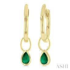 14K YELLOW GOLD HOOP EARRINGS WITH 2 = 5.00X3.00MM PEAR EMERALD DANGLES