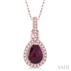 10K ROSE GOLD HALO PENDANT WITH ONE = 7.00X5.00MM PEAR RHODOLITE GARNET AND 28 = 0.11TW SINGLE CUT I-J I1-I2 DIAMONDS ON 18