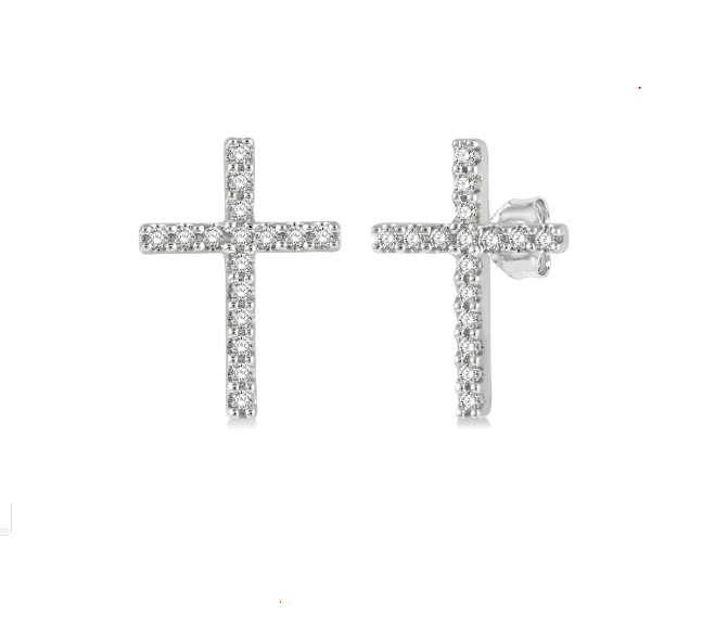 10K WHITE GOLD STUD CROSS DIAMOND EARRINGS WITH 32=0.10TW SINGLE CUT I-J I1-I2 DIAMONDS  (0.75 GRAMS)