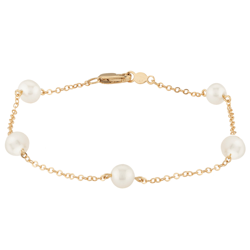 14K YELLOW GOLD STATION PEARL BRACELET LENGTH 7 WITH 5= ROUND 5MM PEARLS