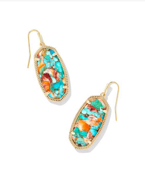 KENDRA SCOTT ELLE COLLECTION 14K YELLOW GOLD PLATED BRASS FASHION DROP EARRINGS IN BRONZE VEINED TURQUOISE MAGNESITE RED OYSTER