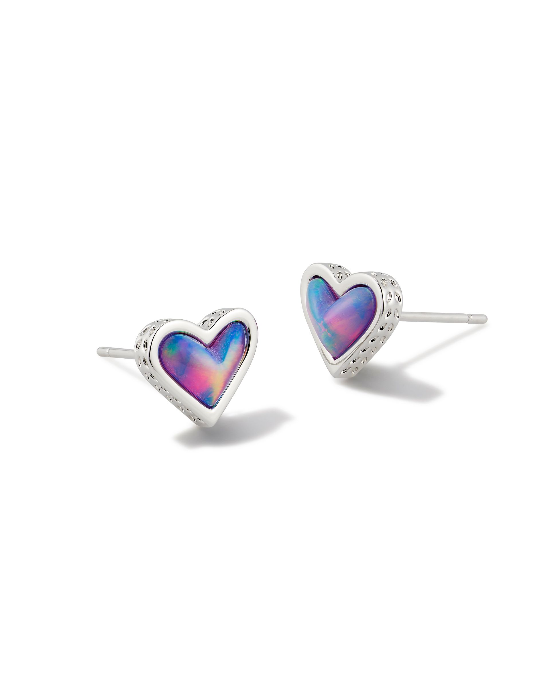 KENDRA SCOTT RHODIUM PLATED FRAMED ARI HEART STUD EARRINGS WITH LILAC OPALESCENT RESIN