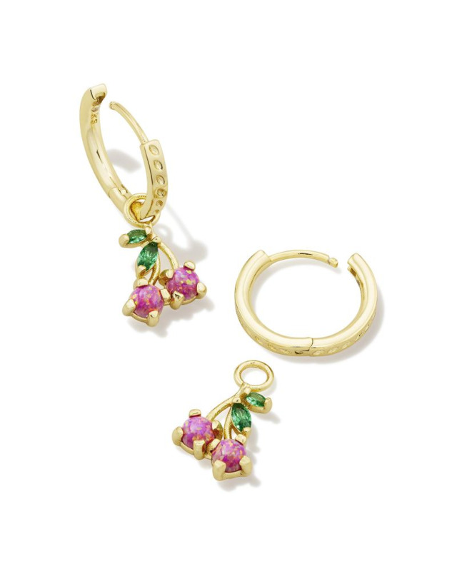 KENDRA SCOTT LIMITED EDITION CHERRY COLLECTION 14K YELLOW GOLD PLATED BRASS HUGGIE FASHION EARRINGS IN ROSE KYOCERA OPAL AND GREEN CRYSTAL
