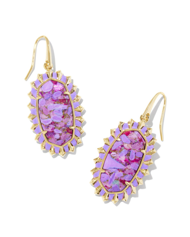 KENDRA SCOTT DANI COLLECTION 14K YELLOW GOLD PLATED BRASS COLOR BURST FRAME DROP FASHION EARRINGS IN BRONZE VEINED VIOLET MAGNESITE