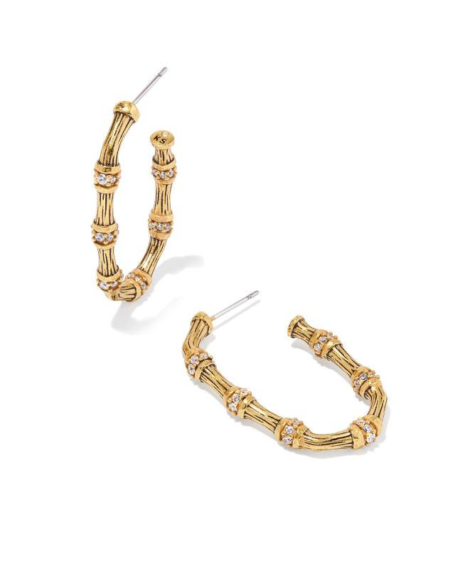 KENDRA SCOTT MAURA BAMBOO COLLECTION 14K YELLOW GOLD PLATED BRASS FASHION HOOP EARRINGS IN WHITE CRYSTAL